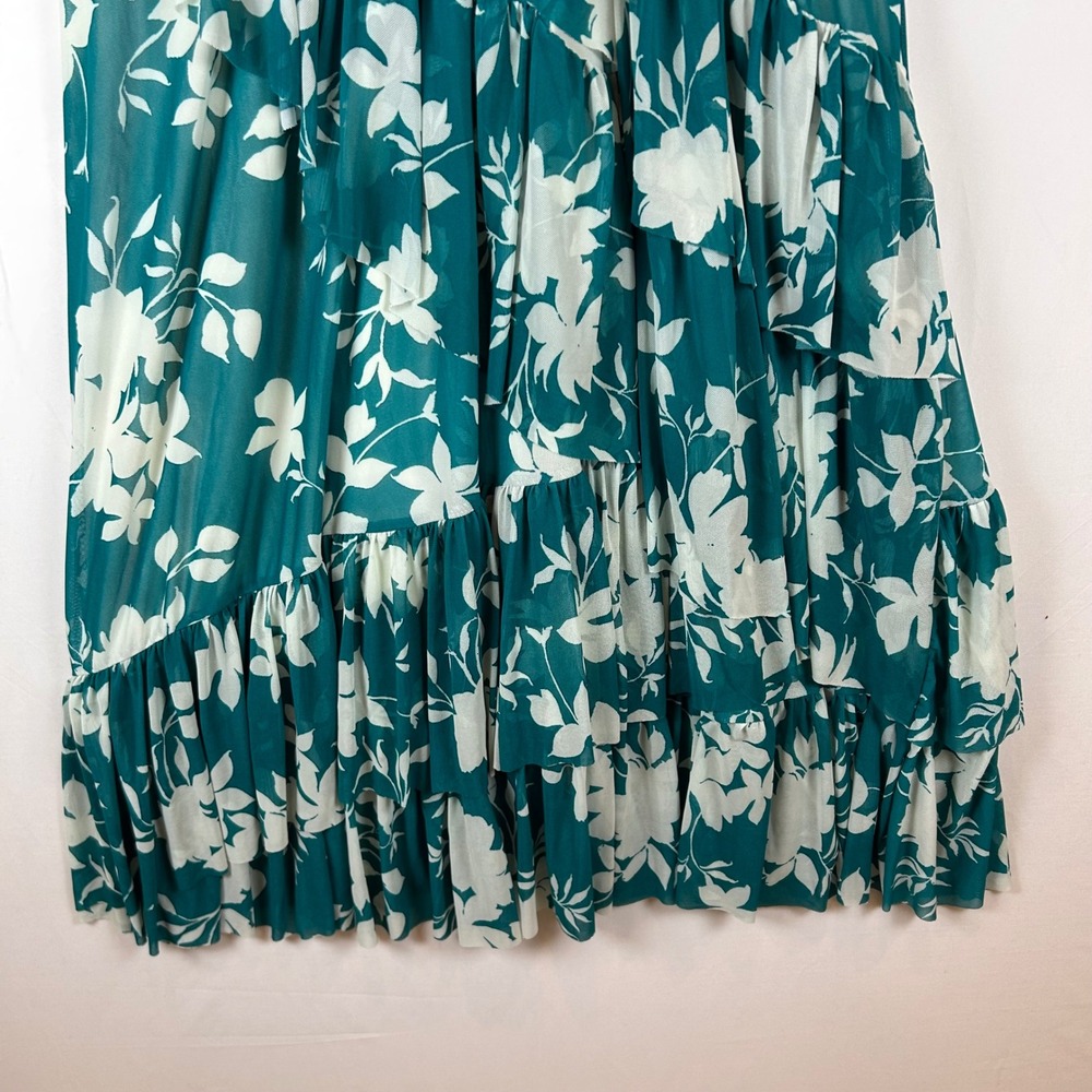 NEW Torrid Teal Shadow Floral Mesh Asymmetrical Ruffle Skater Midi Dress 2X - Picture 10 of 13